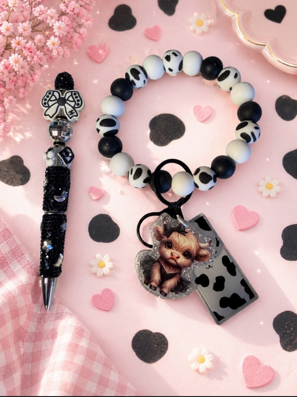 Handmade Pen and Black & White Beaded Wristlet Keychain with Cow Charm